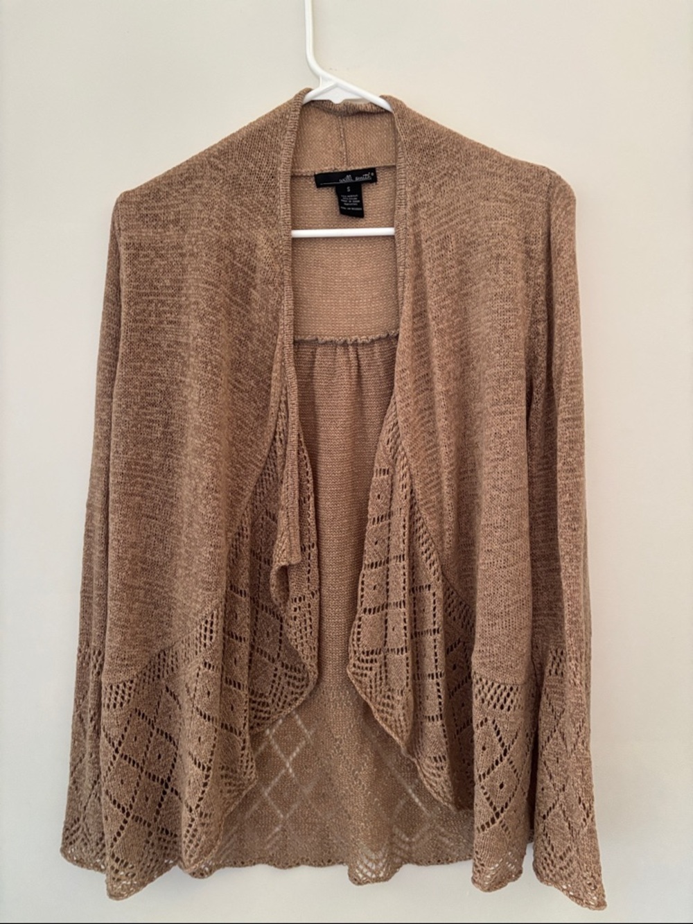 Adrienne Vittadini Brown Open-Front Lace-Trim Cardigan